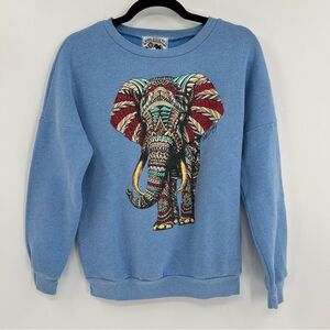 Women's Riot Society Dropped Shoulder Colorful Blue Fleece Elephant Pullover XS